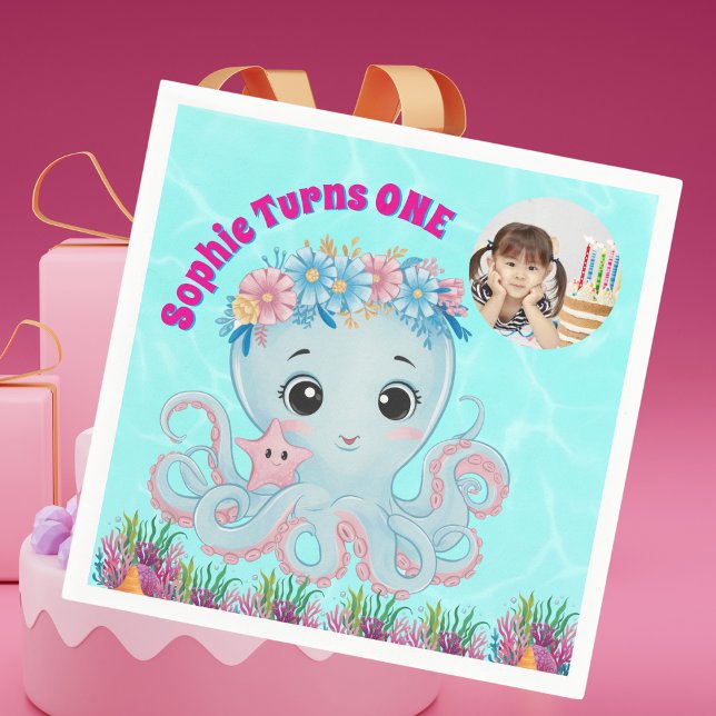 Serviette En Papier Cute Whimsical Floral Octopus Girl Photo Anniversa (Créateur téléchargé)