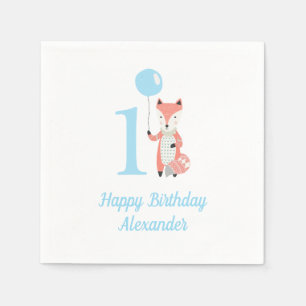 Serviette En Papier Cute Whimsical Fox & Balloon Blue 1er anniversaire