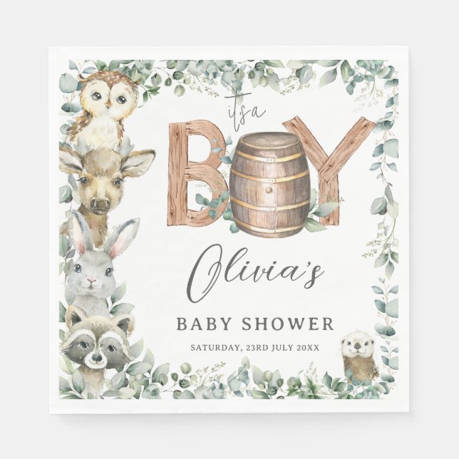Serviette En Papier Cute Woodland Animaux Végétation Boy Baby shower (Devant)