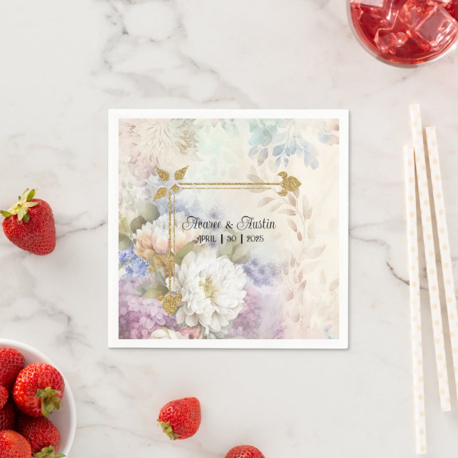 Serviette En Papier Dahlias blancs avec accents violets et bleus (En situation)