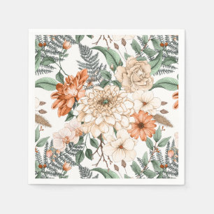 Serviette En Papier Dahlias fougères marguerites verdure pêche blanc