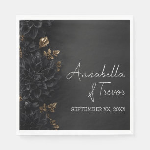 Serviette En Papier Dahlias noirs & floraux lunaires dorés Nom personn