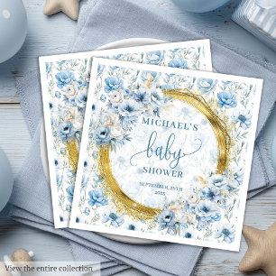 Serviette En Papier Dainty bleu poussiéreux fleurs doré baby shower se