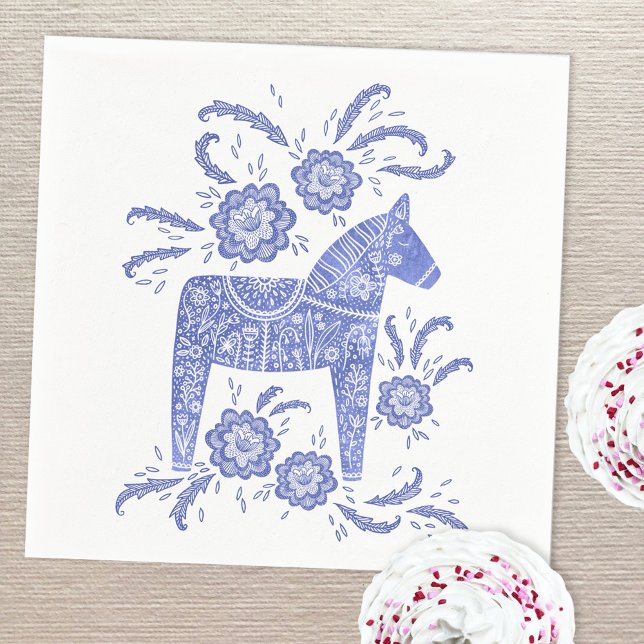 Serviette En Papier Dala suédois Cheval bleu et blanc (Swedish Dala Horse art paper napkin blue and white)