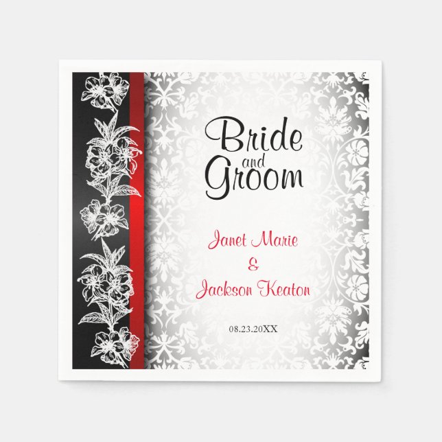 Serviette En Papier Damas Mariage moderne en blanc, noir et rouge (Devant)