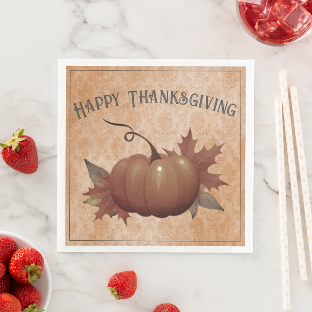 Serviette En Papier Damask, Citrouille de Thanksgiving | Orange (En situation)