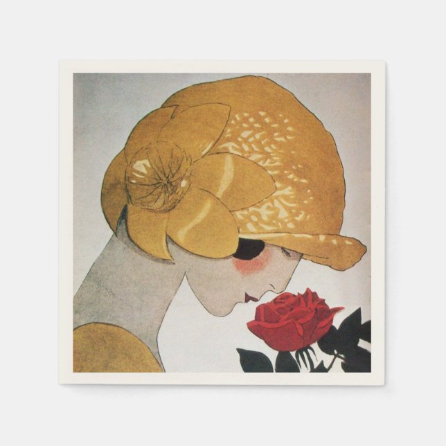 SERVIETTE EN PAPIER DAME AVEC ROSE ROUGE (Devant)