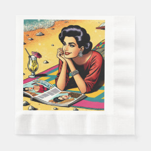 Serviette En Papier Dame Rétro sur la Plage Rêvant de Mode