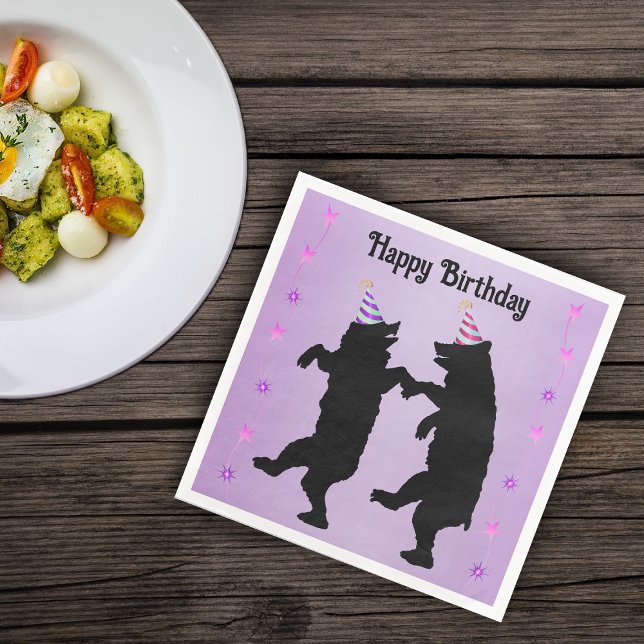 Serviette En Papier Dancing Black Bears Party Hats Stars on Purple (Dancing black bears wearing party hats rows of pink stars on Happy Birthday purple paper napkins.)