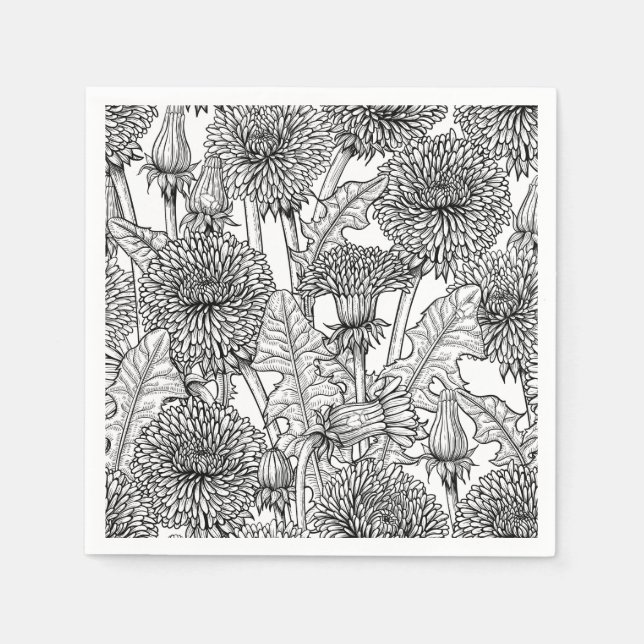 Serviette En Papier Dandelions, noir et blanc (Devant)