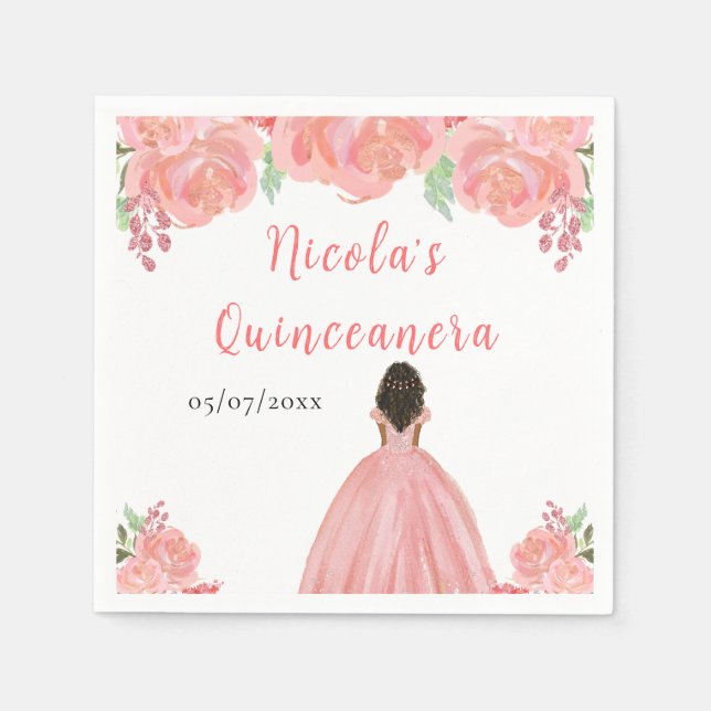 Serviette En Papier Dark Skin Princess Pink Floral Quinceanera (Devant)