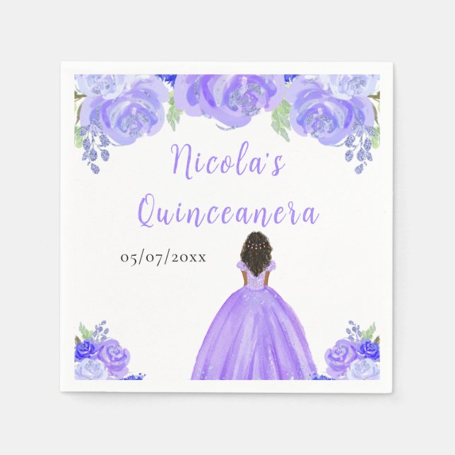 Serviette En Papier Dark Skin Princess Purple Floral Quinceanera (Devant)