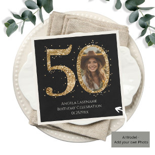 Serviette En Papier Date de photo d'anniversaire 50 ans paillettes or