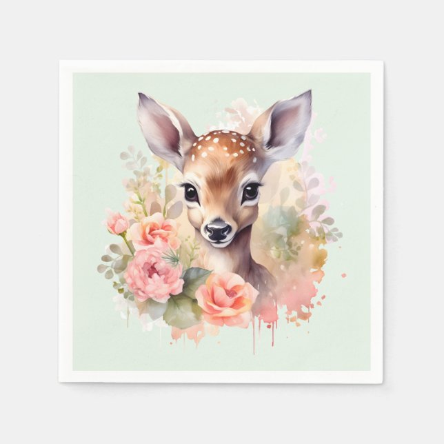 Serviette En Papier De Beaux Cerfs Entourés De Roses (Devant)