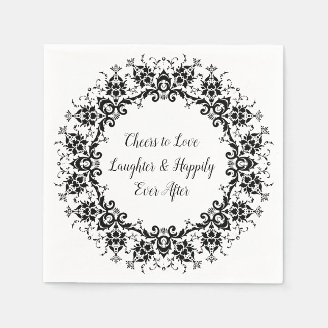 Serviette en papier de mariage noir et blanc Damas (Devant)