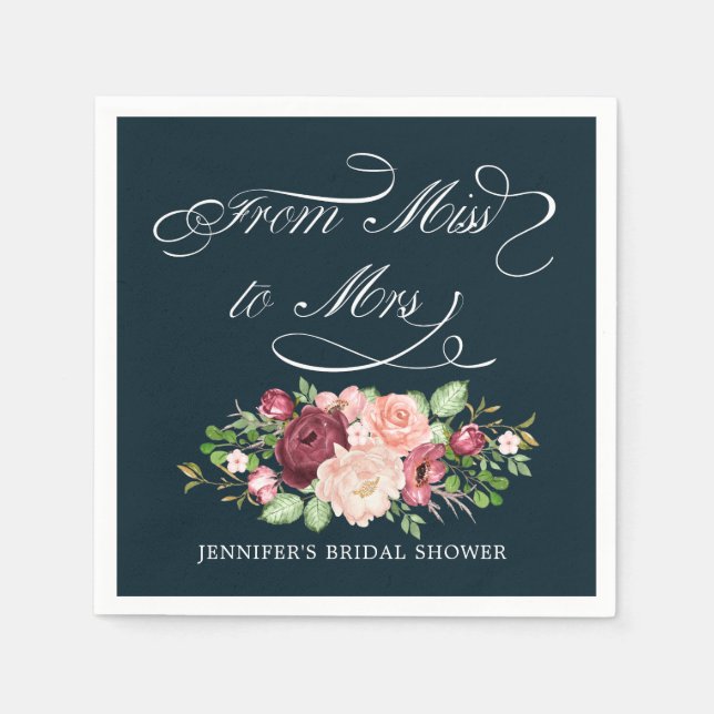 Serviette En Papier de miss à mrs calligraphie monogramme florale (Devant)