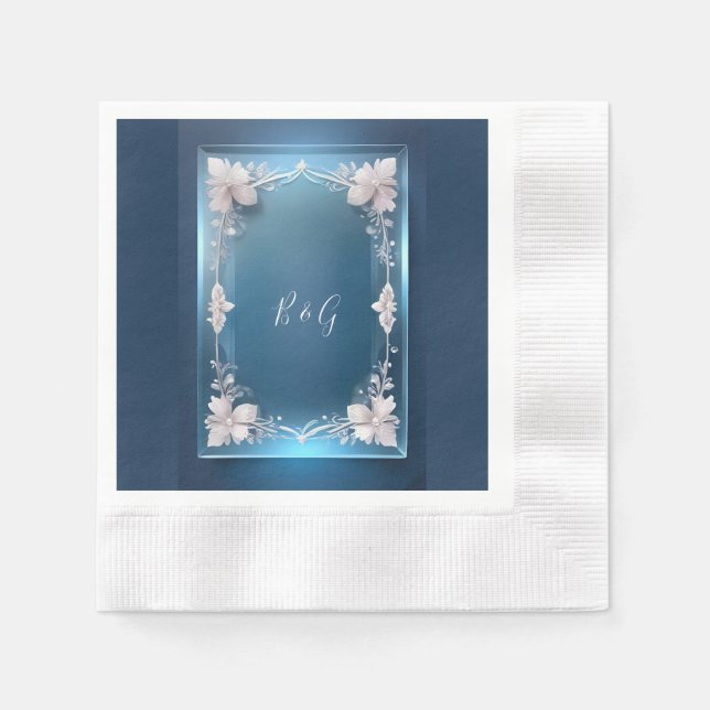 Serviette En Papier déco art déco bleu poussiéreux mariage cadre (Devant)