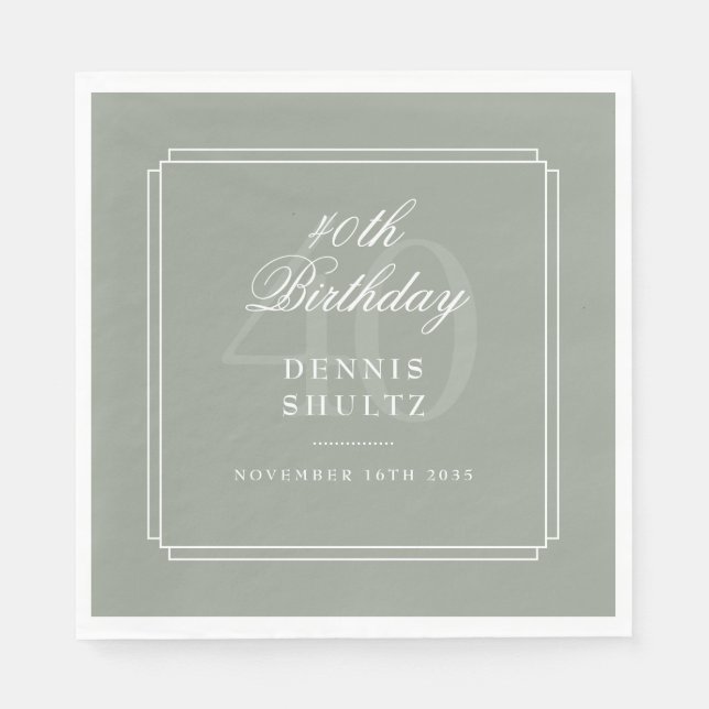 Serviette En Papier Déco classique | Sage et Blanc 40e anniversaire (Devant)