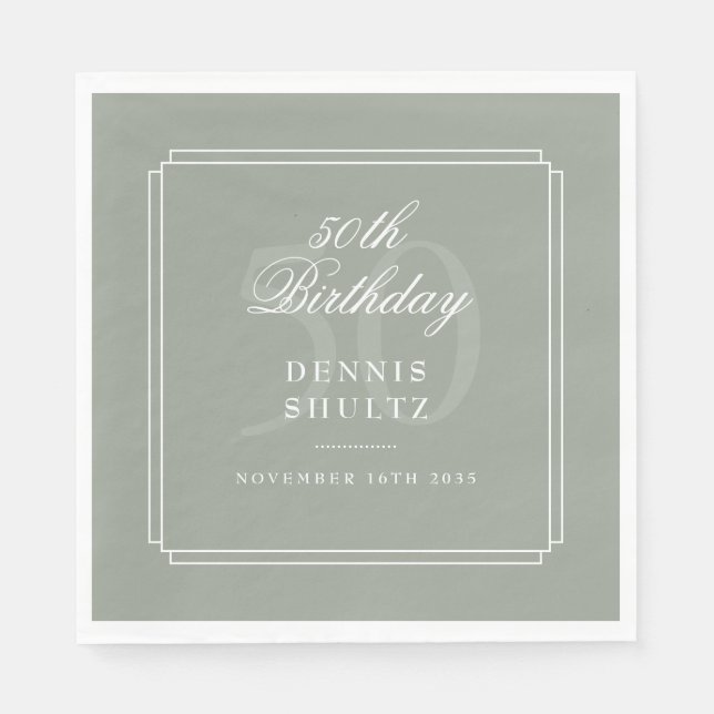 Serviette En Papier Déco classique | Sage et Blanc 50e anniversaire (Devant)