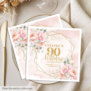 Serviette En Papier Déjeuner d'anniversaire 90 ans aux florales rose t