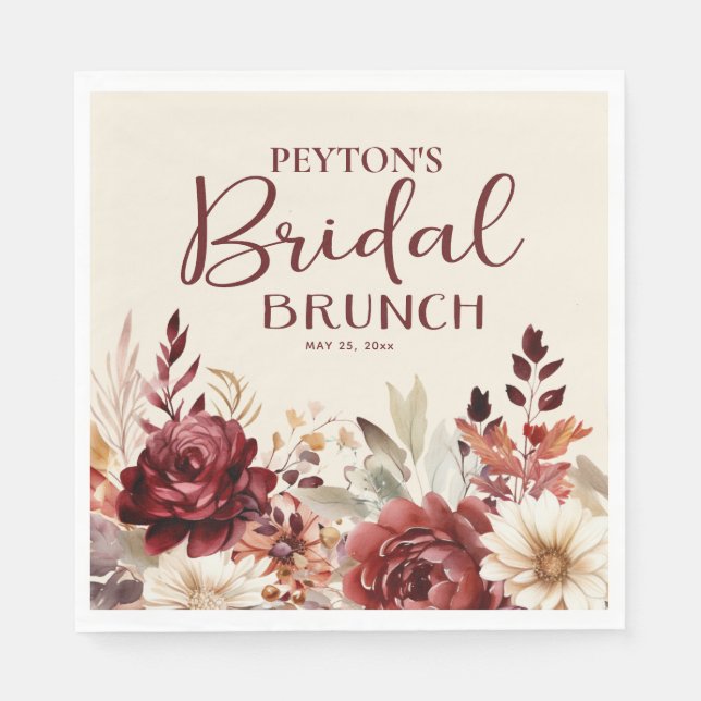 Serviette En Papier Déjeuner de mariage floral crème Bourgogne (Devant)