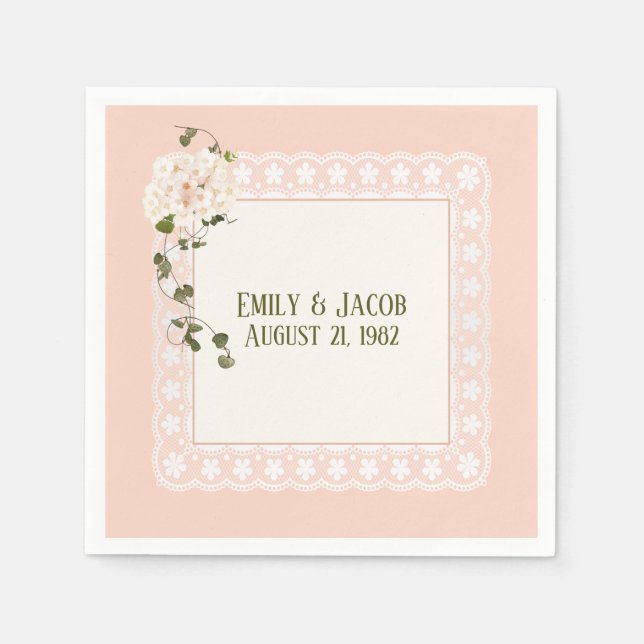 Serviette En Papier Dentelle Blanche Anniversaire Sur Rose Peach (Devant)