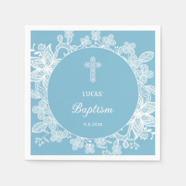 Serviette En Papier Dentelle blanche sur Pastel Baptême bleu