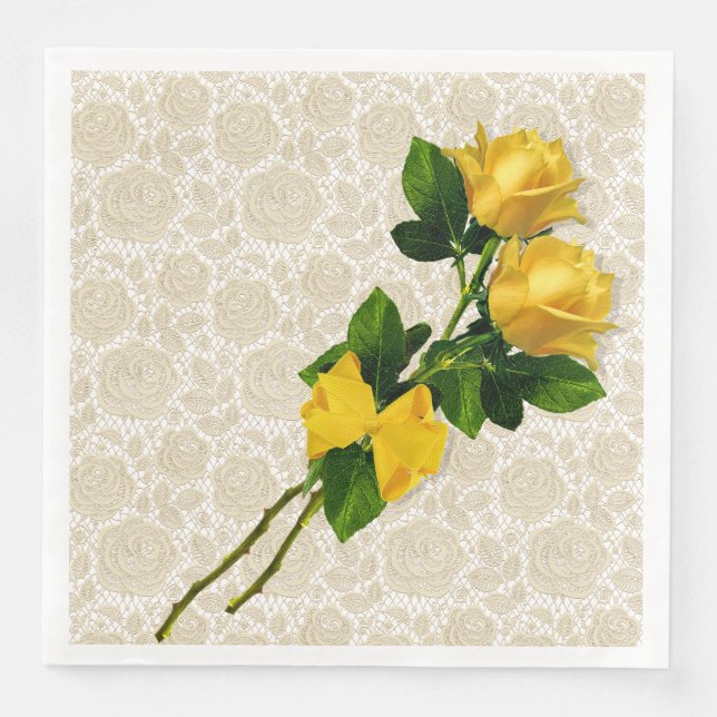 Serviette En Papier Dentelle d'ivoire des roses jaunes sur papier blan (Devant)