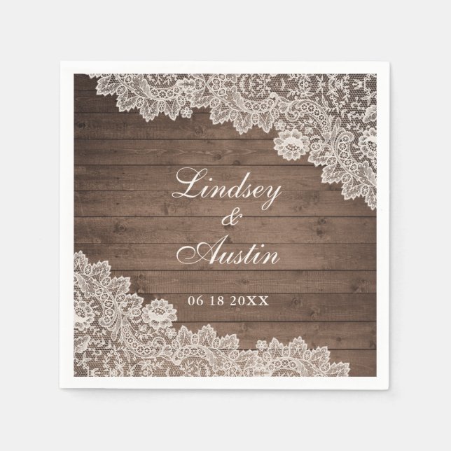 Serviette En Papier Dentelle en bois rustique Mariage personnalisé (Devant)