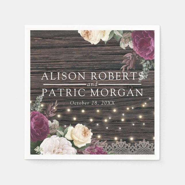 Serviette En Papier Dentelle florale Mariage en bois rustique (Devant)