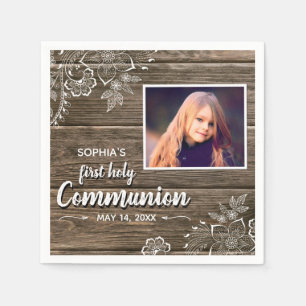 Serviette En Papier Dentelle rustique en bois Première sainte communio