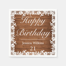 Serviette En Papier Dentelle rustique et blanche Joyeux anniversaire