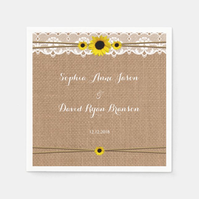 Serviette En Papier Dentelle rustique, Fleurs Solaires, Mariage Burlap (Devant)