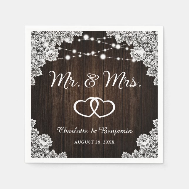 Serviette En Papier Dentelle rustique Lumières M. et Mme Mariage (Devant)