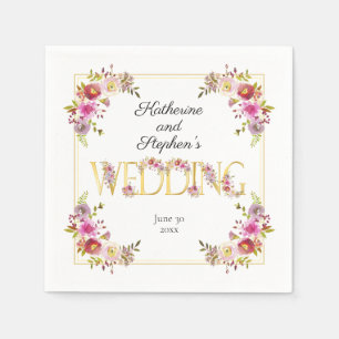 Serviette En Papier Des fleurs brillantes Lettres or Mariage aquarel