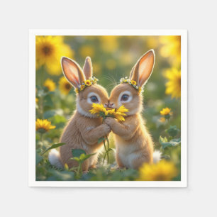 Serviette En Papier Des lapins odorent un tournesol jaune
