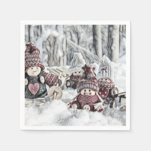 Serviette En Papier Dessin vintage de Gnomes dans la neige