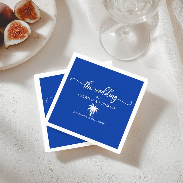 Serviette En Papier Destination Mariage Royal Bleu et Palmier Blanc (Créateur téléchargé)