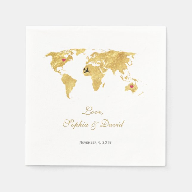 Serviette En Papier Destination Romantique Mariage Gold World Carte (Devant)