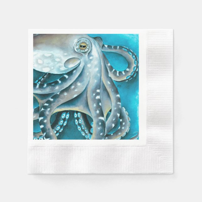 Serviette En Papier Détails de l'aquarelle bleu octopus (Devant)