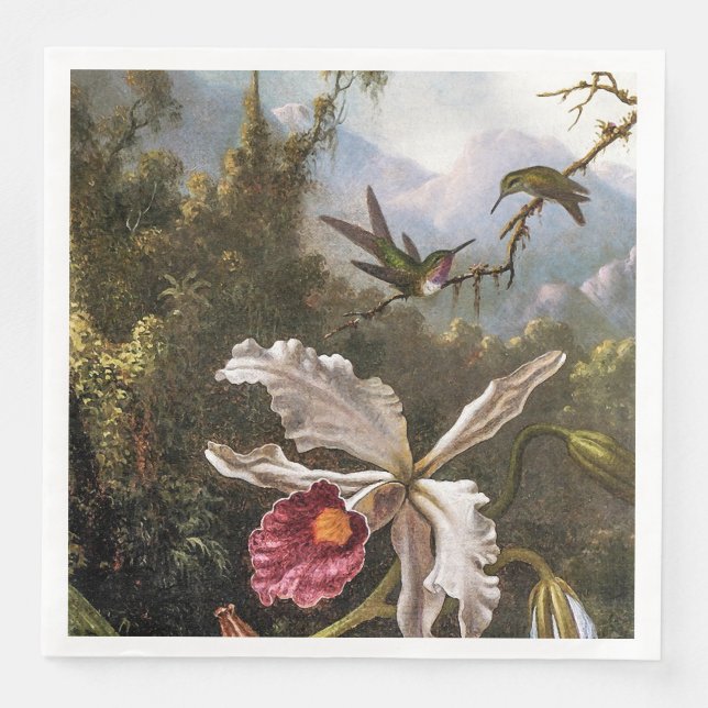 Serviette En Papier Deux colibris au-dessus d'une orchidée blanche (Devant)