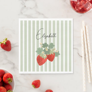 Serviette En Papier Deux fraises rouges rayures et fleurs | Fruit