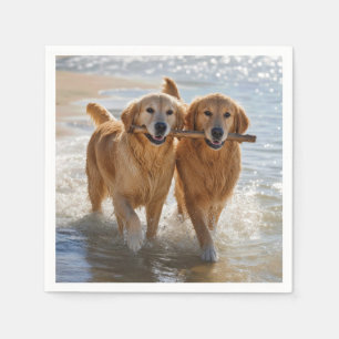 Serviette En Papier Deux Golden Retrievers portant un bâton