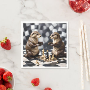 Serviette En Papier Deux Otters Jouant Aux Échecs,