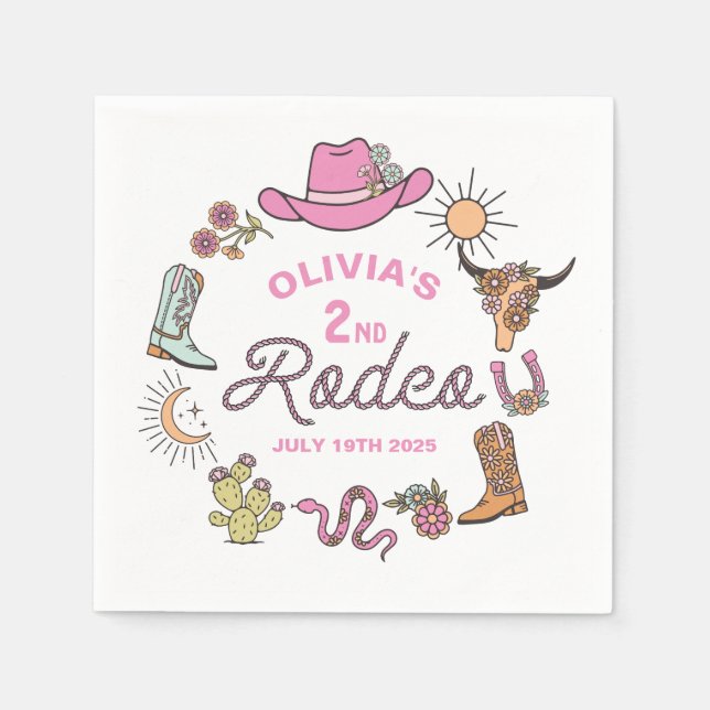 Serviette En Papier Deuxième Rodéo Rose Western Cowboy 2e anniversaire (Devant)