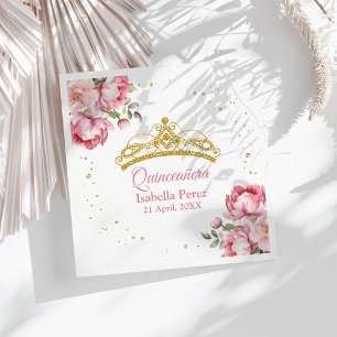 Serviette En Papier Diadème doré Quinceanera pailleté et floral rose