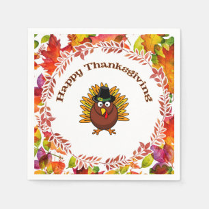 Serviette En Papier Dinde de Thanksgiving heureuse entourée de feuille