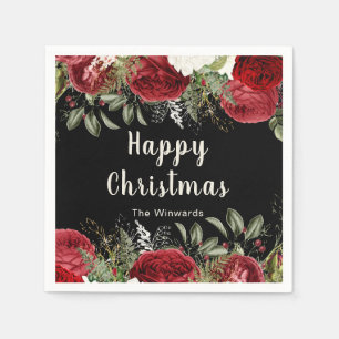 Serviette En Papier Dîner de Noël élégant Fleurs Rouges
