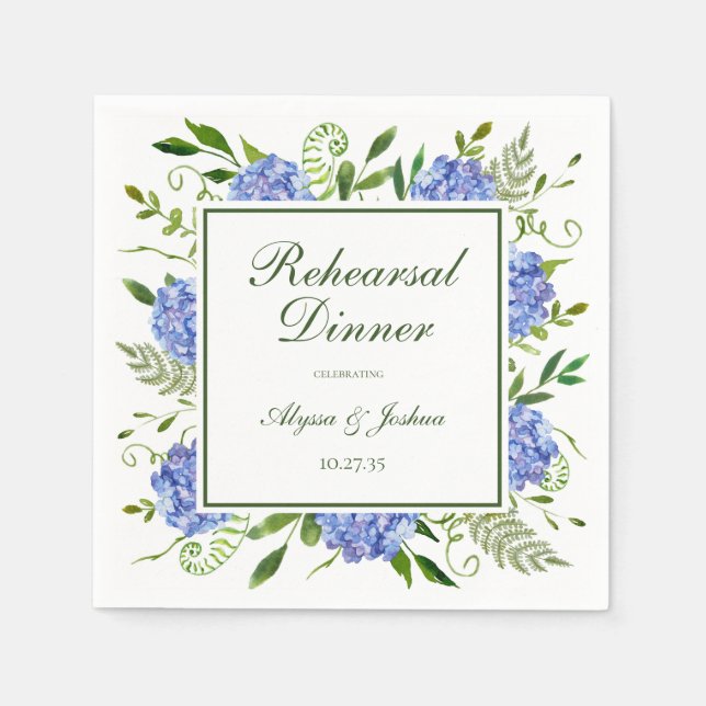 Serviette En Papier Dîner de répétition de script Hydrangeas bleues (Devant)