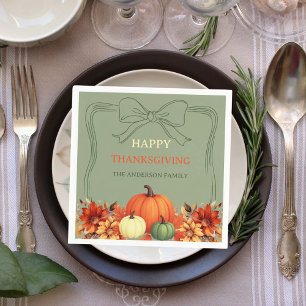 Serviette En Papier dîner de Thanksgiving citrouille ruban vert mousse